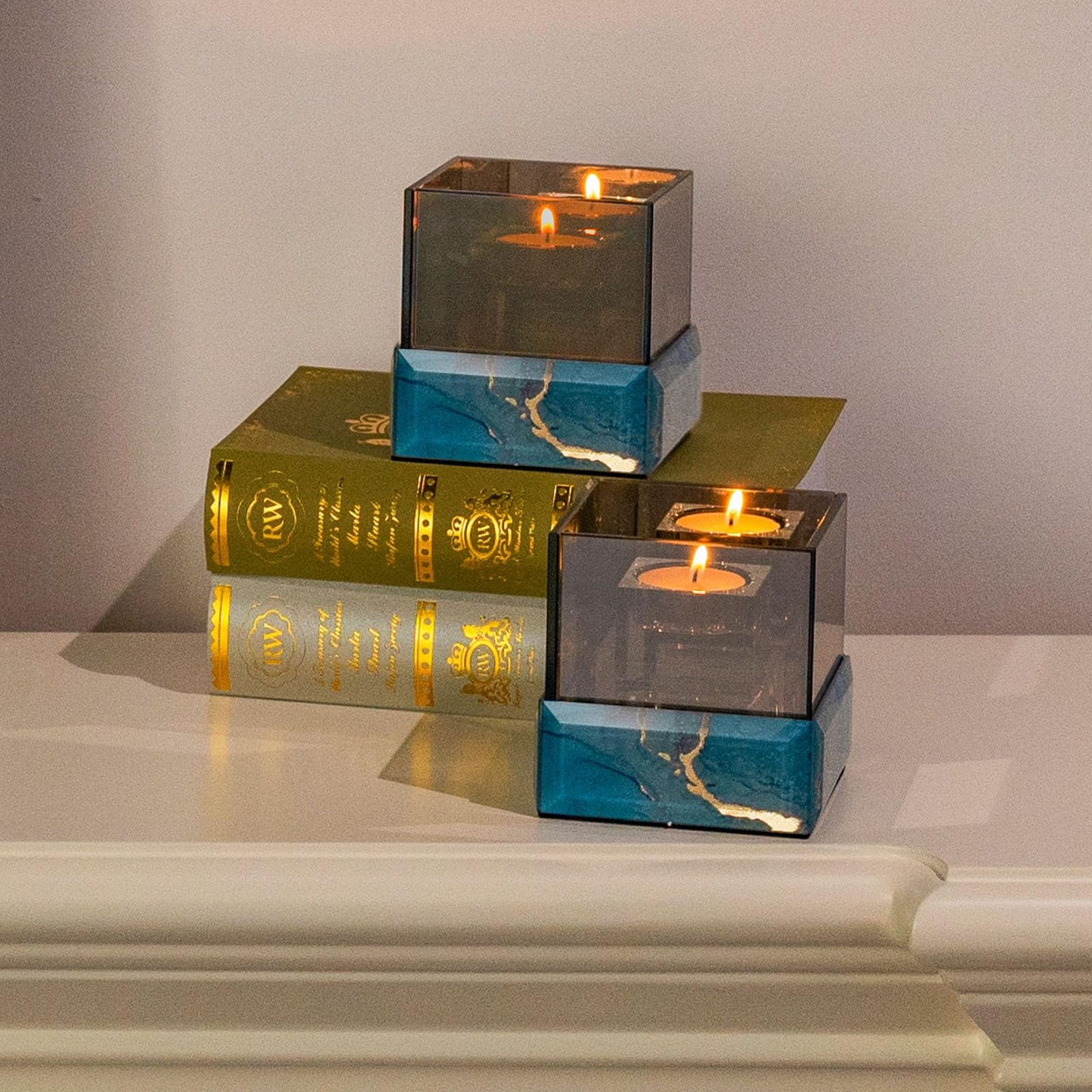 Timetrace Crystal Glass Candle Holder Suqare with Marble Pattern-Tealight and Votive Candles Holders Centerpiece Table Decorations for Home Décor, Dining Room, Kitchen, Patio (Blue)