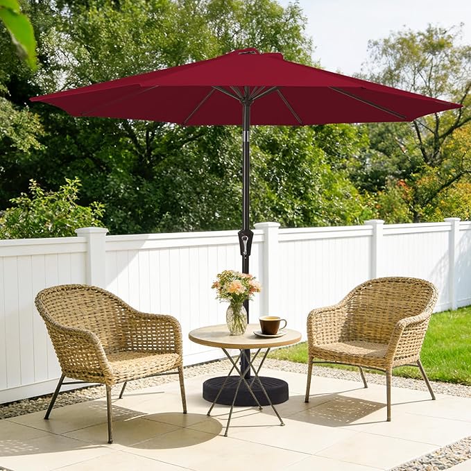 MEWAY 9ft Patio Umbrella Outdoor Table Umbrellas with Push Tilt and Crank, Market Umbrella 8 Sturdy Ribs for Deck, Garden, Pool and Backyard, Cherry Red