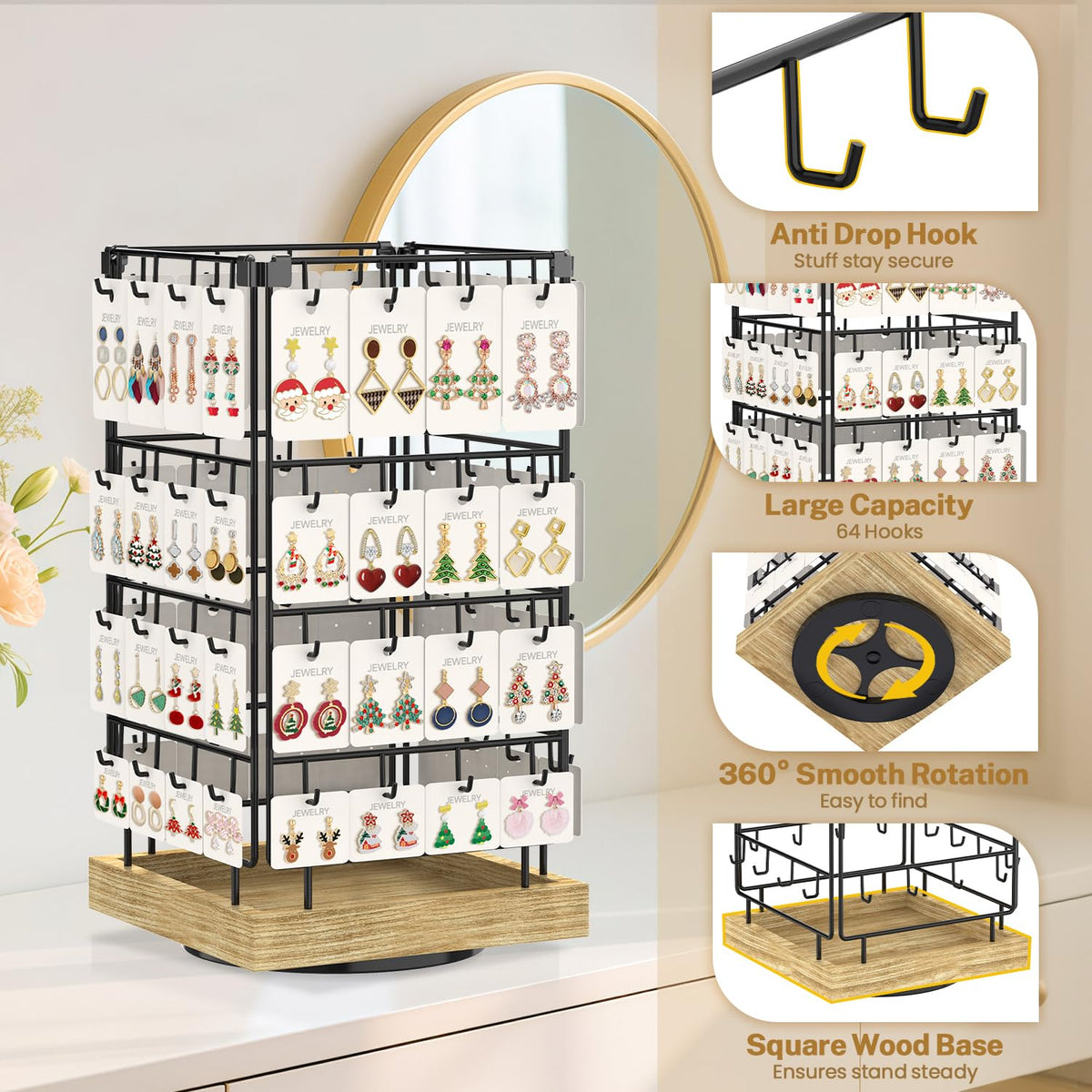 MODOWEY Earring Card Display Stand for Vendors, 64 Hooks Rotating Organizer Tree Holder, 4 Tier Jewelry Rack with Wooden Base for Stud Pierced Earring Selling, Grab Attention to Boost Sales, Oak