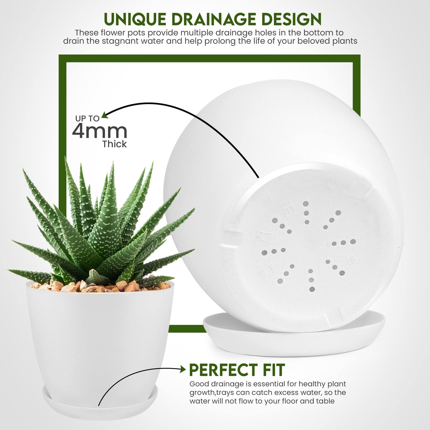 Utopia Home Plastic Planters White, Flower Nursery Pots Indoor Modern Decorative Plastic Pots for Plants, Succulents, Flowers, and Cactus 5 Pack, Multisize