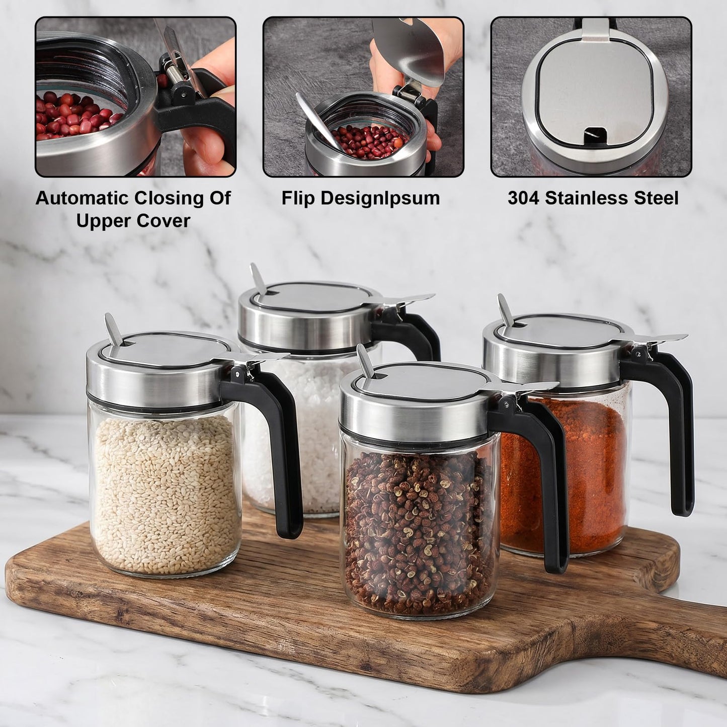 Set of 4 Revolving Condiment Pots: Sugar Bowl, Salt & Pepper Cellar with Lid and Spoon, 360-Degree Rotating Holder Tray for Kitchen Countertop Organization, Glass Spice Jars with Stainless Steel Acces