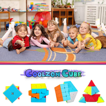 Coolzon Speed Cube Set, 4 Pack Stickerless Magic Cube Set 2x2 3x3 4x4 Pyraminx Triangle, Easy Turning 3D Puzzle Cube Games Toy Present for Kids Adults