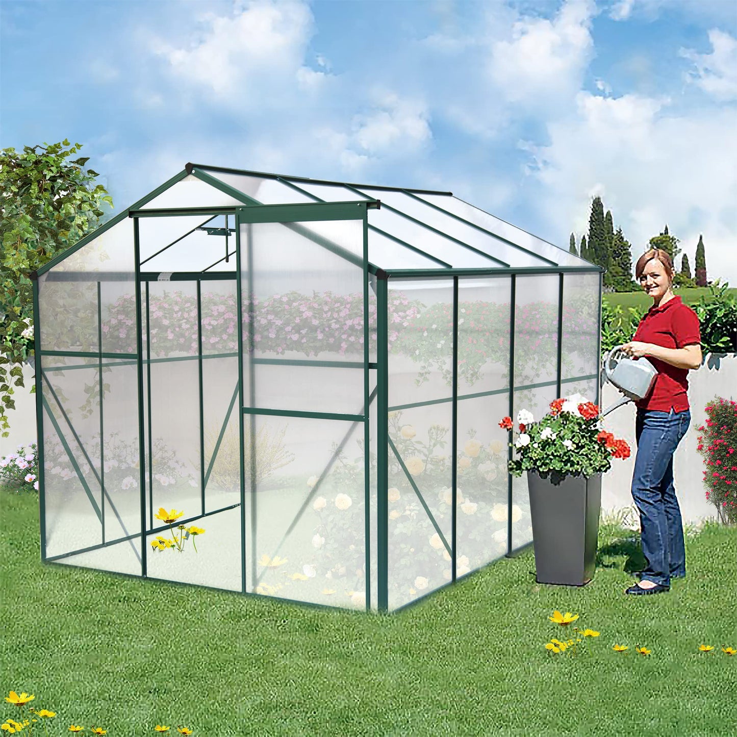 KEIKI 6x8 FT Polycarbonate Greenhouse Heavy Duty Walk-in Outdoor Garden Kit with Aluminum Frame, Sliding Door, Adjustable Roof Vent, Rain Gutter, UV Resistant All Season Backyard Green