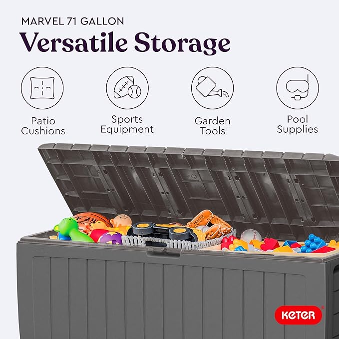 Keter Marvel Plus 71 Gallon Resin Outdoor Storage Box for Patio, Balcony & Garden – Weather‑Resistant Deck Box for Cushions, Pillows, Pool Floats & Tools, Light Grey