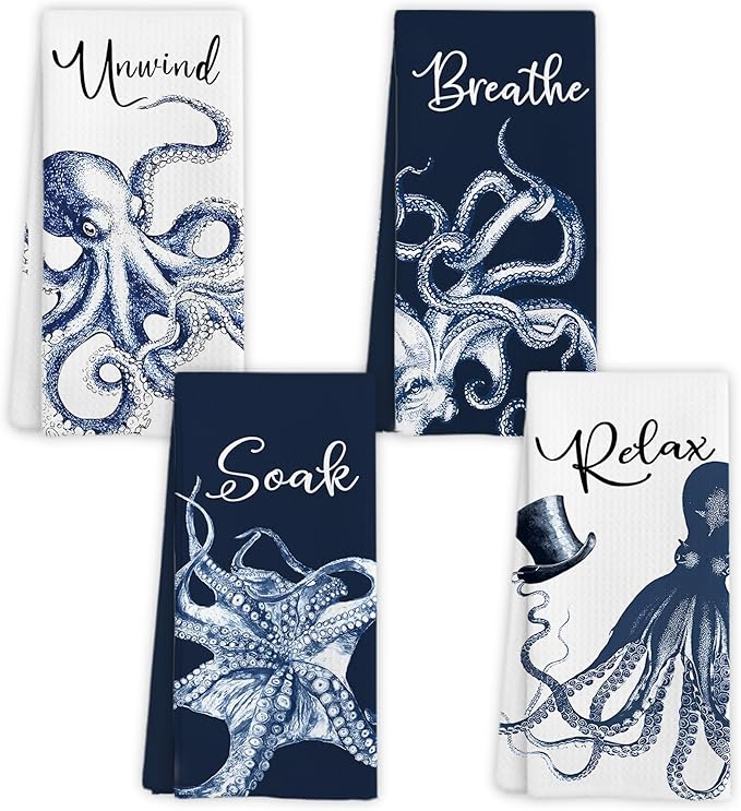 Navy Blue Octopus Coastal Beach Hand Towels, Ocean Octopus Unwind Breathe Relax