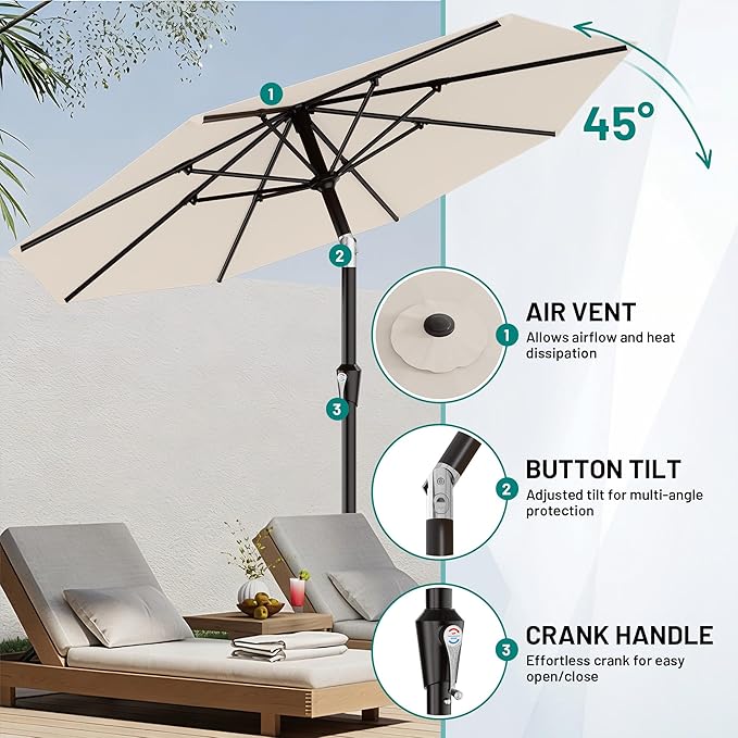 AreShark 9 FT Patio Umbrella for Outdoor, Outdoor Table Umbrella with Push Button Tilt and Crank, Outdoor Patio Umbrellas with 8 Sturdy Ribs for Market, Garden, Pool (Cream-white)