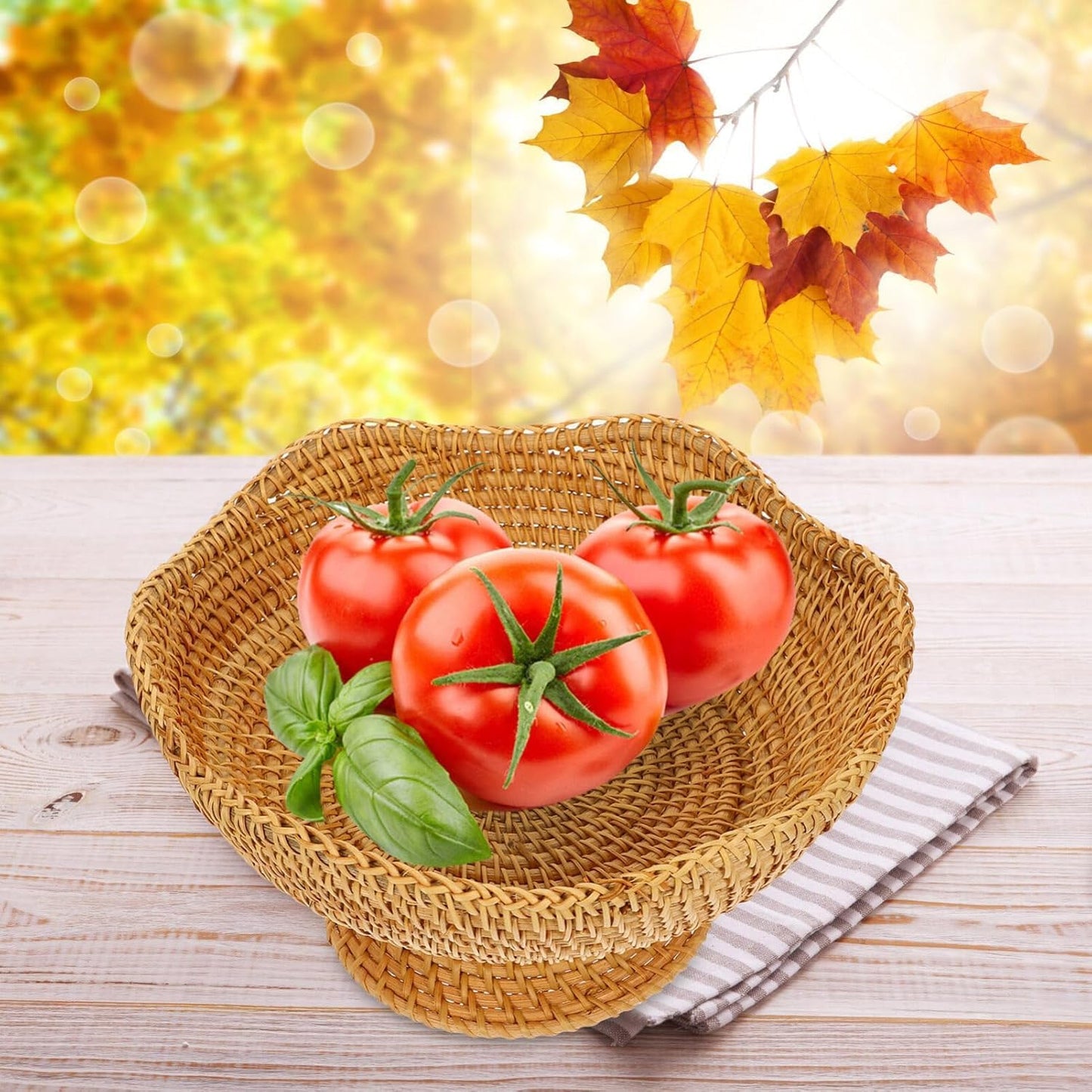 DOITOOL Rattan Fruit Bowl, Woven Footed Bowl Round Pedestal Plate Decorative Bowl for Table Centerpiece, 10 Inch Rattan Footed Bowl Woven Fruit Bowl for Kitchen Counter or Table Decorations