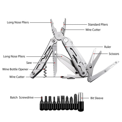 RoverTac Multi Tool Pocket Knife Tactical Camping Survival Knife Gifts for Men Dad Husband 18 in 1 Multitool Pliers Scissors Saw Corkscrew Bottle Opener 9-pack Screwdrivers Safety Lock Nylon Sheath