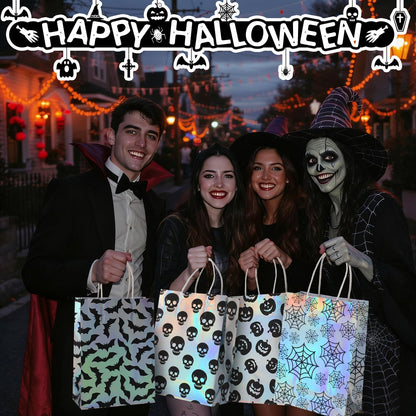 Paterr 24 Pcs Iridescent Halloween Paper Bags Holographic Bat Pumkin Skeletons Pumpkins Spider Webs Trick or Treat Reusable Gift Bags for Halloween Party Supplies Favors(Classic Patterns)