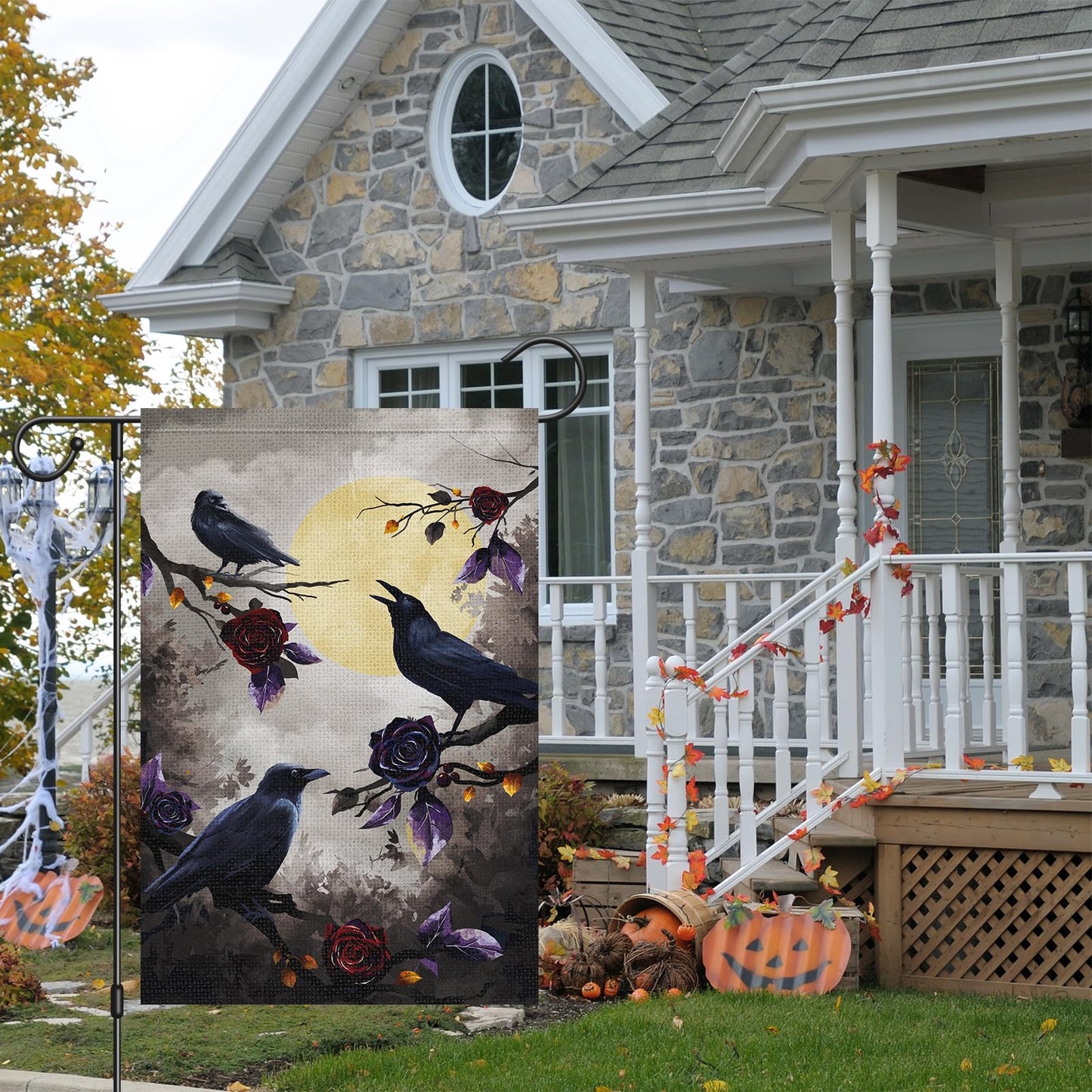 Louise Maelys Halloween Crow Garden Flag 12x18 Double Sided, Burlap Small Welcome Boo Halloween Floral House Flags Seasonal Holiday Outdoor Outside Decor (ONLY FLAG)