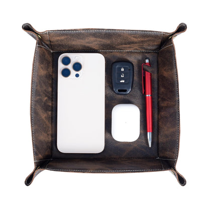 DEMHAAS Valet Tray Organizer – Foldable Jewelry & Catchall Tray for Keys, Phone & Wallet – Double-Sided Faux Leather with Rubber Padding – Desk & Nightstand Organizer (Espresso Brown)