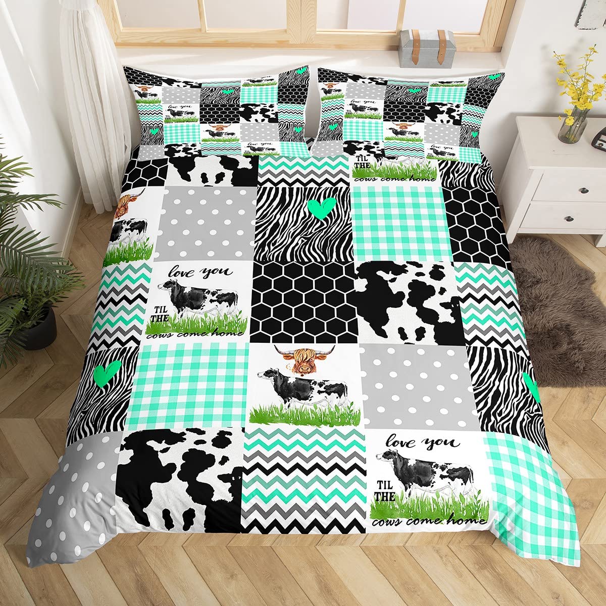 Homewish Cow Print Duvet Cover Set King Size Cute Cow Comforter Cover Farm Animals Print Bedding Set 3pcs for Kids Boys Girls Room Decor, Black White Green Plaid Quilt Cover with 2 Pillowcases