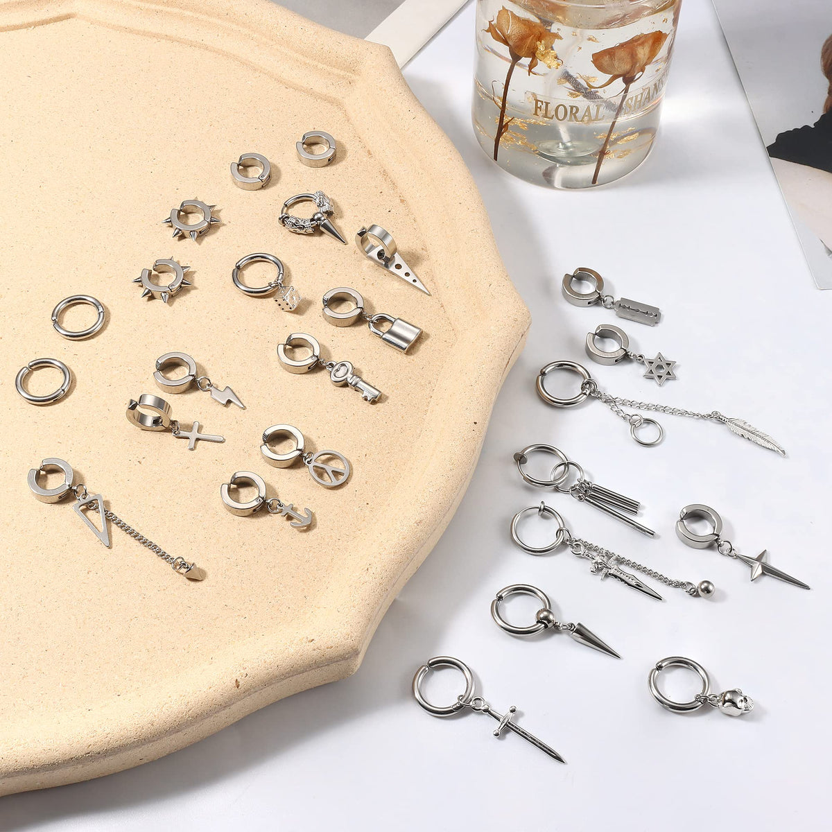 Thunaraz 25 Pcs Clip-on Earrings - Stainless Steel Cross, Chain, Dangle, Black Fake Earrings for Men & Women - Non-Pierced Huggie Hoop Set