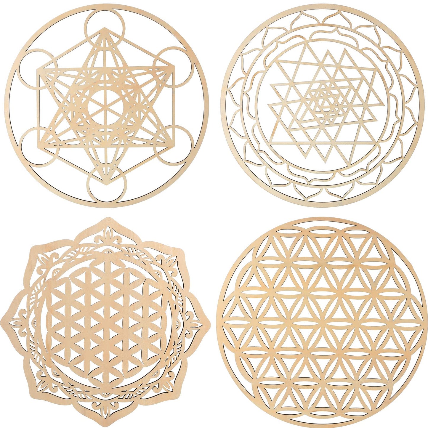 Youyole 4 Pcs 12 Inch Sacred Geometry Wood Wall Art Set Crystal Grid Board Zen Metatron Cube Sri Yantra Flower of Life Mandala Flower of Life Zen Wooden Wall Hanging Decor for Home Room