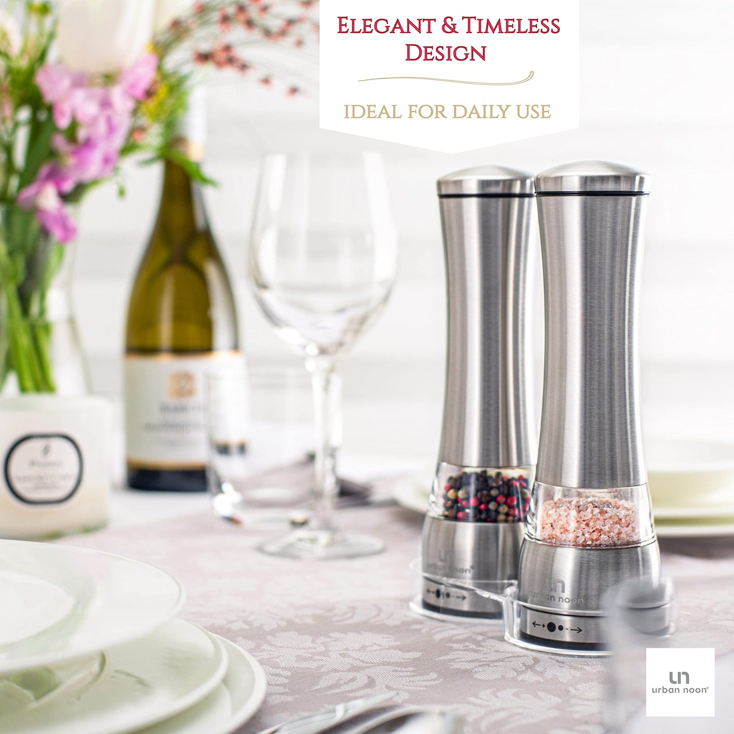 Salt and Pepper Grinder Set - Large Capacity Stainless Steel Pepper Grinder and Salt Grinder with Tray in Luxurious Gift-Box - Manual Mills with Ceramic Grinders and Adjustable Coarseness (Set of 2)