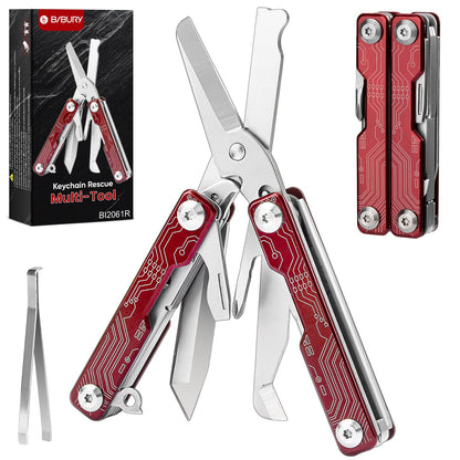 BIBURY Mini Keychain Multitool Scissors BI2061R, 9 in 1 Multitool EDC Scissors with Screwdriver, Bottle Opener, Pocket Knife, Spring -Mini Multi Tool for Outdoor, Daily Use, Gifts for Men and Women