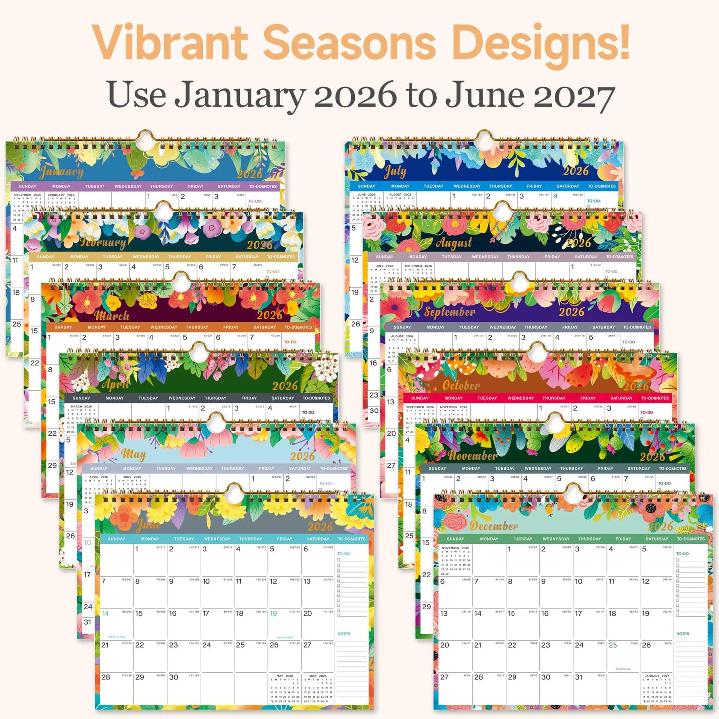 Lbylyhxc 2026 Calendar - Includes January 2026 to June 2027-18 Monthly Wall Calendar 2026, 11 x 8.5 Inches.Thick Paper with Julian Dates and Block for New Year and Christmas Presents (wall calendar 2026-2027 flower)