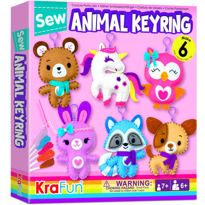 KRAFUN Unicorn Sewing Keyring Kit for Kids Ages 7-12, Beginner Craft Set with 6 Stuffed Dolls (Bear, Dog, Rabbit, Raccoon, Owl, Unicorn), Felt Materials, Embroidery Supplies, Instructions