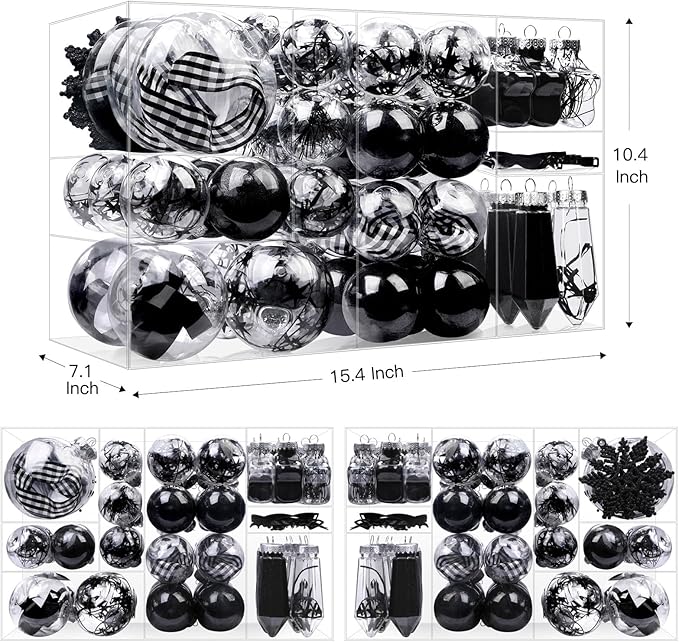 SHareconn 86PCS Christmas Tree Decorations Ornaments Ball Set, Non Breakable Plastic Clear Baubles for Xmas Tree Decor Holiday Wedding Party, Black