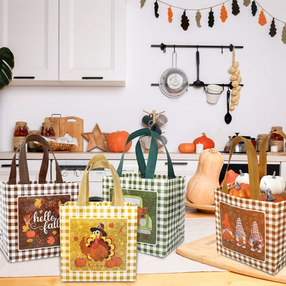 AnyDesign Fall Reusable Gift Bag Plaid Pumpkin Turkey Gnome Tote Bags with Handles Autumn Party Treat Bag Grocery Shopping Bags for Thanksgiving Patch Party, 8 Pack