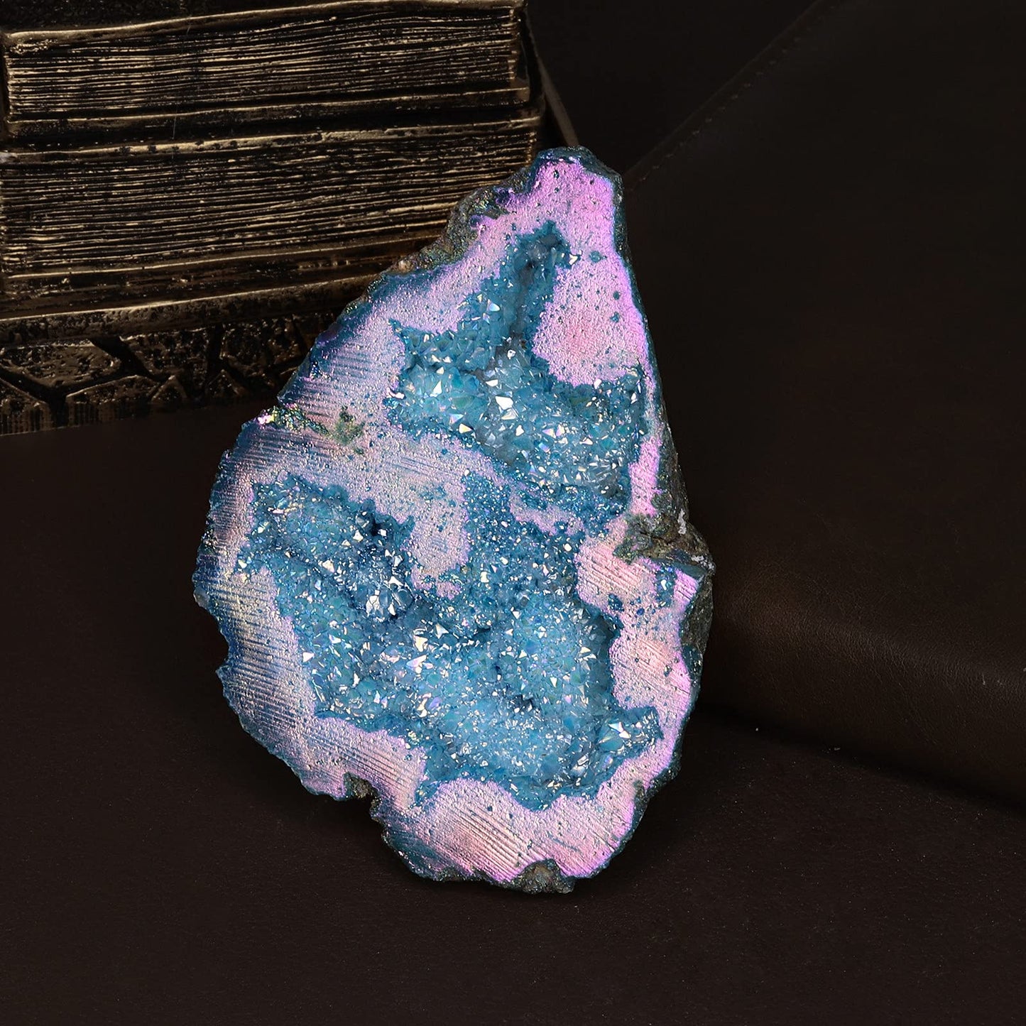 mookaitedecor Angel Aura Quartz Geode Stone Titanium Coated Natural Rock Crystal Cluster Specimen for Reiki Healing Meditation Home Decor 0.22-0.44 LB, Light Blue