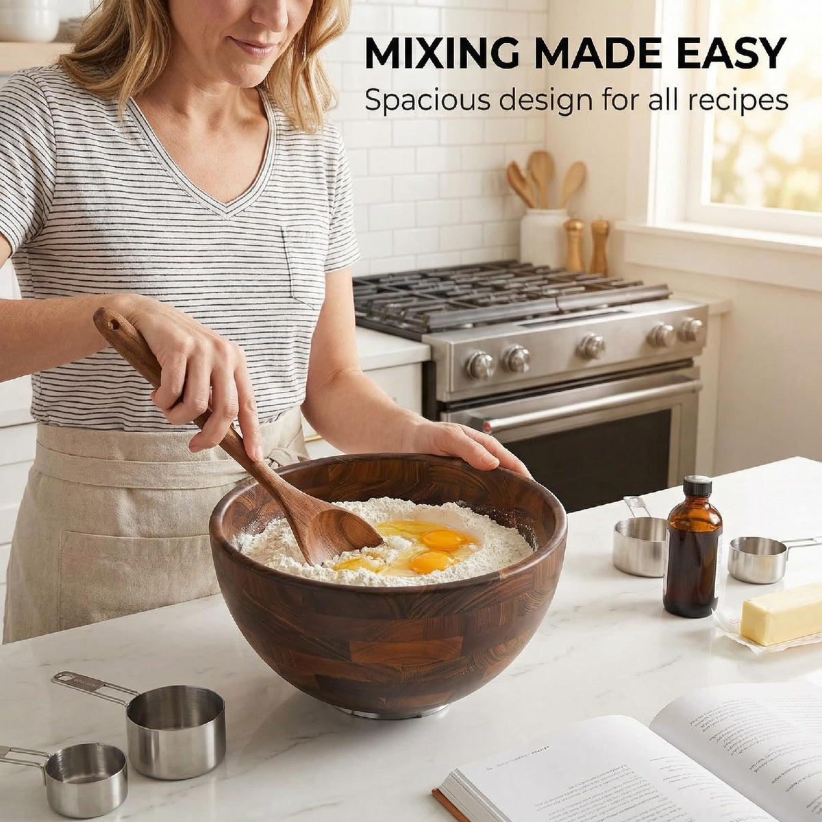 Binken Walnut Wooden Mixing Bowl Compatible with 4.5 & 5 QT Tilt-Head Stand Mixers, 5 Quart Natural Wood Dough Bowl for Baking, Kitchen Prep & Serving