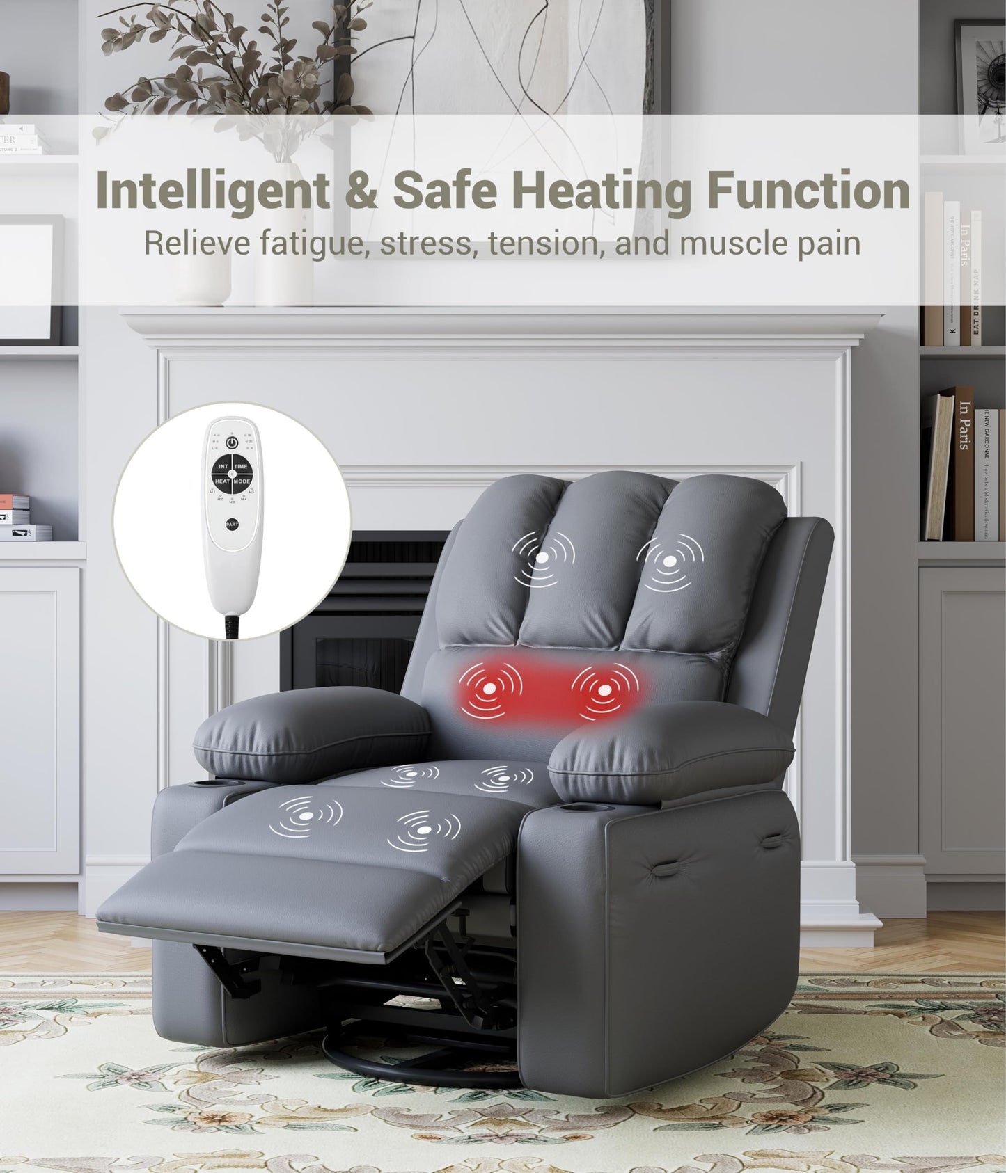 KYBOLT Power Recliner Chair for Adults with Massage and Heat, Swivel Oversized Leather Recliner Chair with USB Ports & Side Pockets for Living Room (22" Medium-Seat Width,Gray)