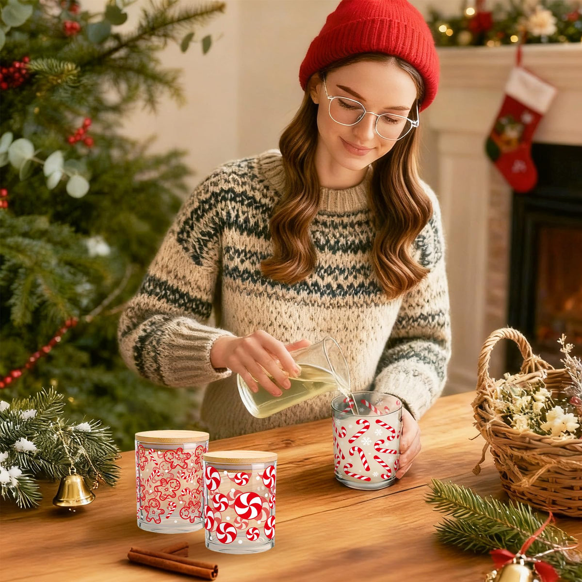 Whaline 12 Pcs Christmas Glass Candle Jars with Cork Lids Red Peppermint Gingerbread Candy Cane Clear Empty Container for Candle Making Storing Xmas Holiday Party Decor