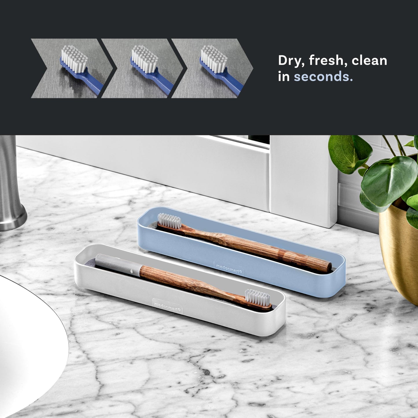 madesmart Toothbrush Tray with Drying Stone, Quick-Dry Organizer for Toothbrushes, Razors, Toothpaste & Bathroom Counter Essentials, Blue