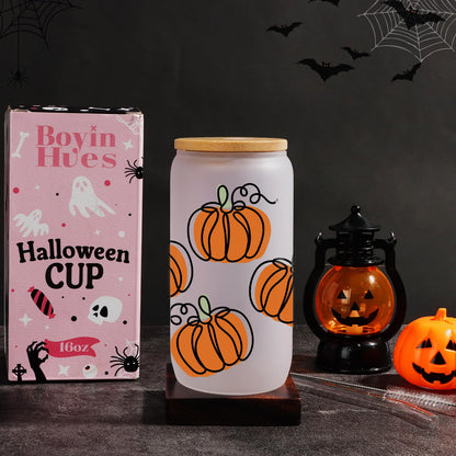 BOYIN HUES Halloween Pumpkin Cups - Cute Halloween Gifts Spooky Boo Basket Stuffers for Women, Teens, Kids - 16oz Glass Iced Coffee Cup w/Lid and Straw - Trick or Treat Party Favors Fall Decor