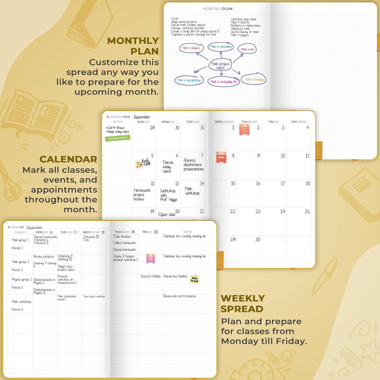 Clever Fox Teacher Planner – School Year Planner with Calendars & Lesson Plans – Teacher Plan Book for Classroom & Homeschool Organization - Undated, 18x25cm, Hardcover (Amber Yellow)