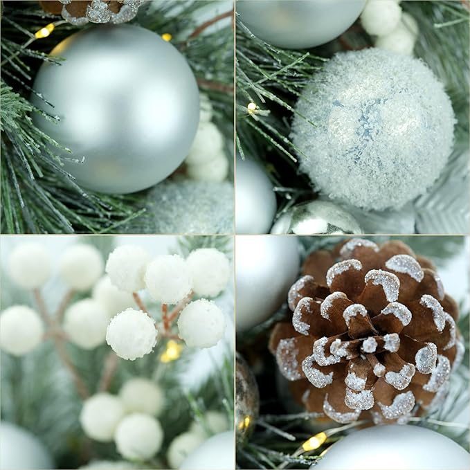 YULETIME 20-inch Christmas Wreath, Battery Operated Holiday Wreath with 20 Fairy Lights, Silvery Baubles, White Berries, Pine Cones, Silvery Leaves, Frosted Spruce Branches & Pine Needles (Silver)