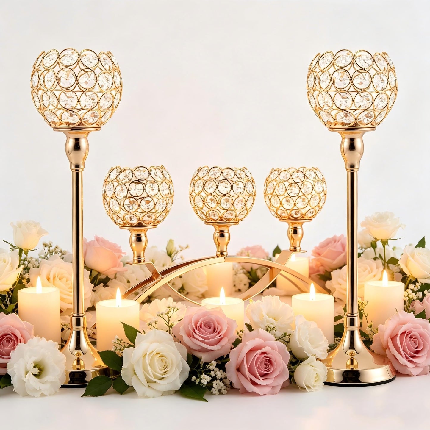 VINCIGANT Set of 3 Gold Candle Holders Wedding Table Centerpieces,Tealight Candlestick Candelabra Stand with 3 Arms for Fireplace Home Living Room Decor,Valentine's Day Housewarming
