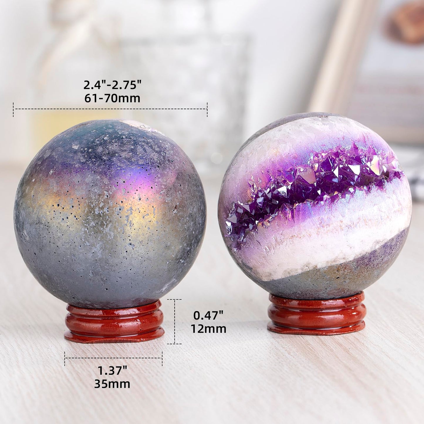 SUNYIK 61-70mm Purple Titanium Coated Quartz Geode Ball Sphere with Stand Crystal Opening Cornucopia Orb Ball Cluster Specimen Display for Decor Feng Shui Meditation