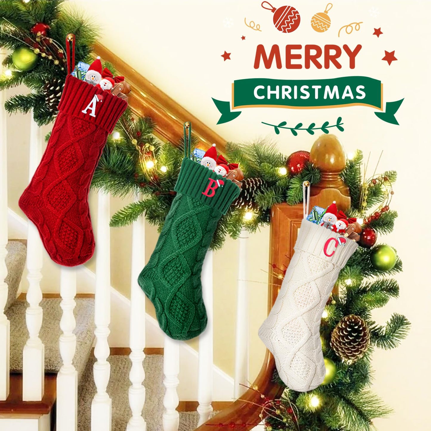 CRSTAFU Initials A Christmas Stockings, 20 Inch Large Family Personalized Monogram Embroidered Red Knitted Xmas Stocking