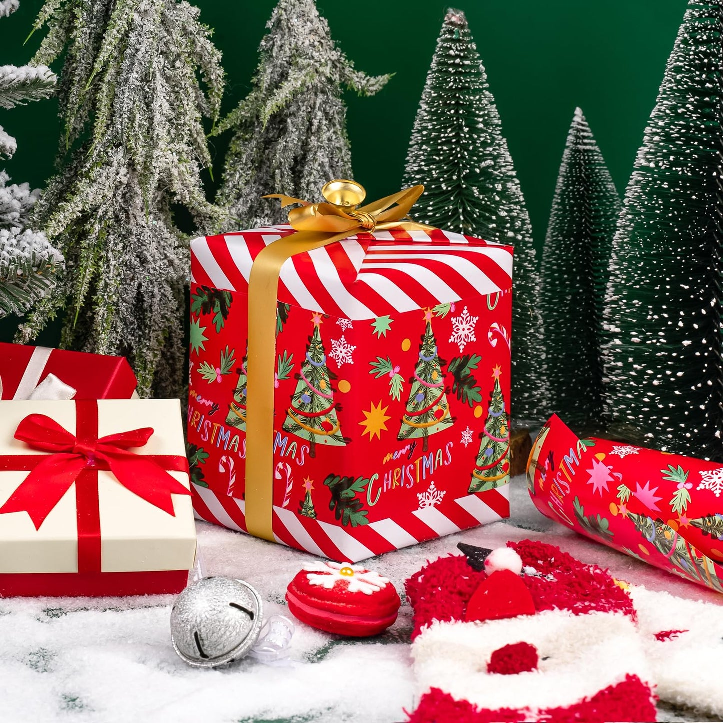 WRAPAHOLIC Reversible Christmas Wrapping Paper - Mini Roll - 17 Inch x 33 Feet - Red Christmas Tree Wrapping Paper and Stripe Design for Holiday, Party Celebration