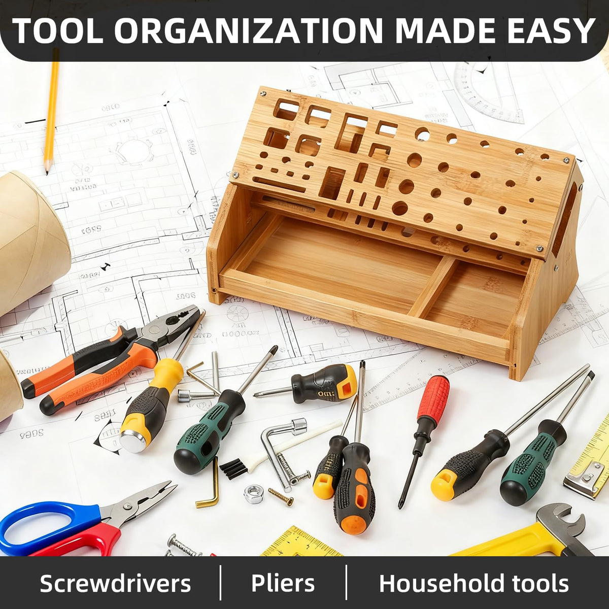 ValuXpro Bamboo Screwdriver Organizer - Tool Storage Organizer Workbench Desktop Rack - Hand Piler Tools Storage Holder -Standard Size