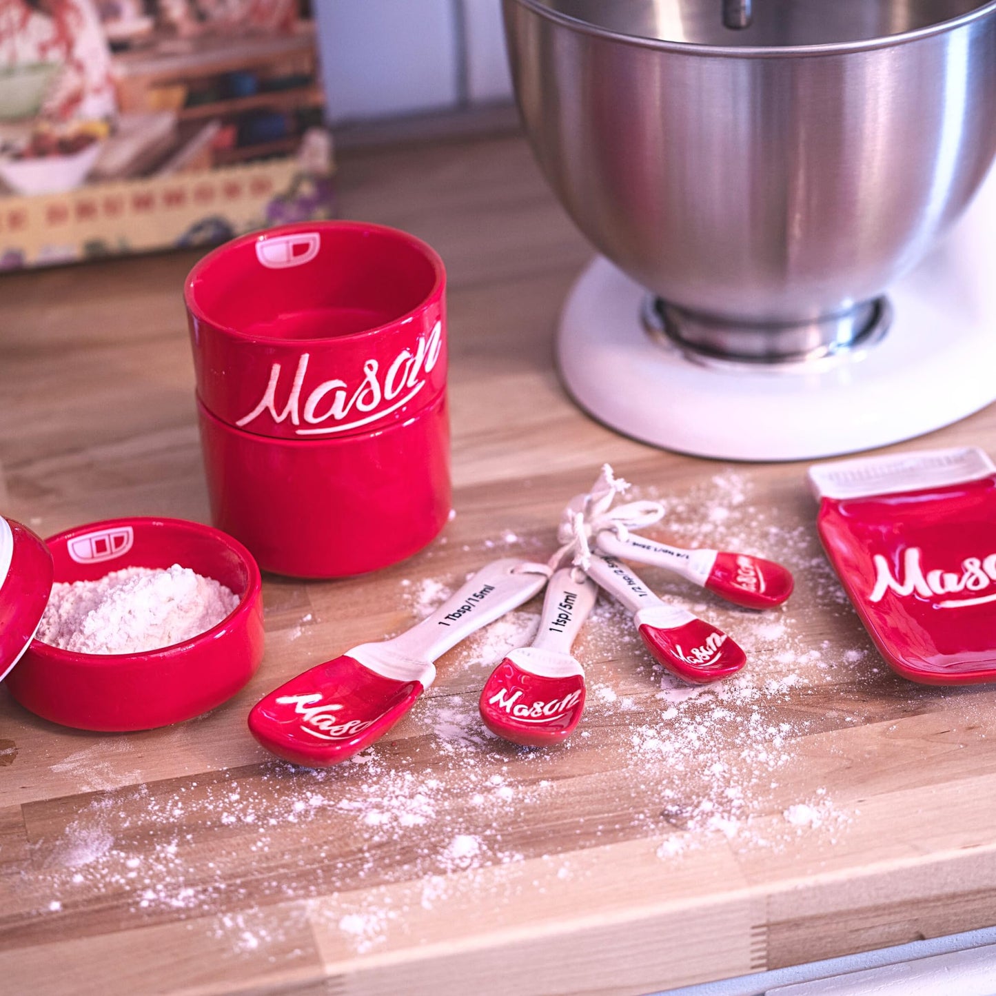 Farmhouse Canisters Sets for the Kitchen - Mason Jar Ceramic Kitchen Utensil Holder, Spoon Rest, Cute Cookie Jar, Salt & Pepper Shaker Sets, Sponge Holder, Measuring Cups & Spoons (Red, 17-Pc Bundle)