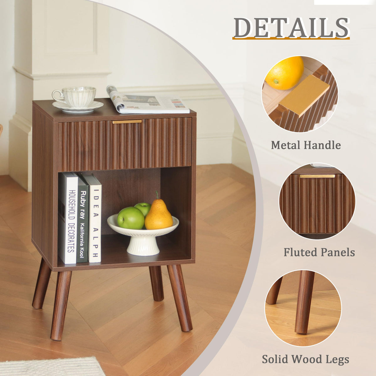 Fultyle Walnut Nightstand, Modern Night Stand with Fluted Drawer and Open Storage, Wooden Bedside Table with Solid Wood Legs for Bedroom, Living Room, Office (Walnut Brown)