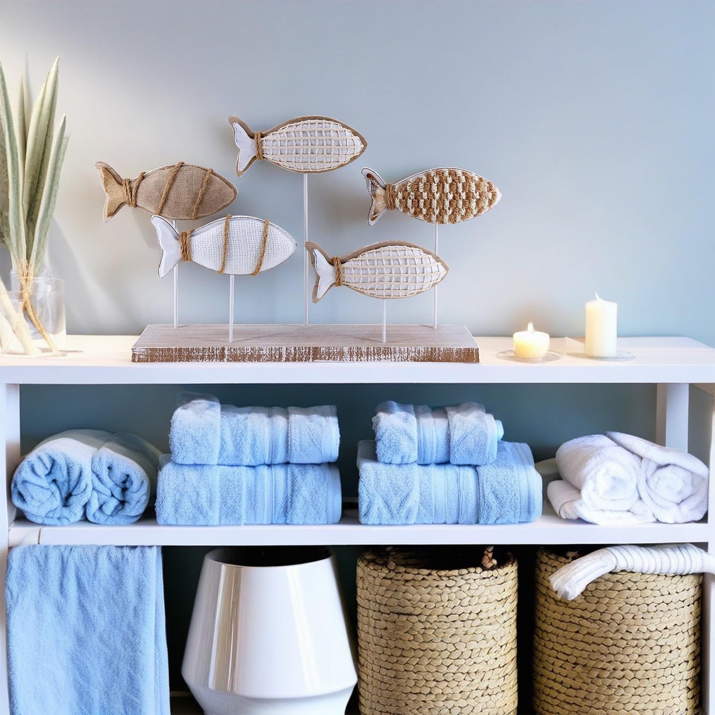 NAUTIMALL Wooden Fish Figurines with Jute Rope and Cotton String, Fish Sculpture Statues for Home Decoration, Table Top Nautical Decor for Living Room, Bedroom, Beachhouse Home Decor (JuteFish-5)