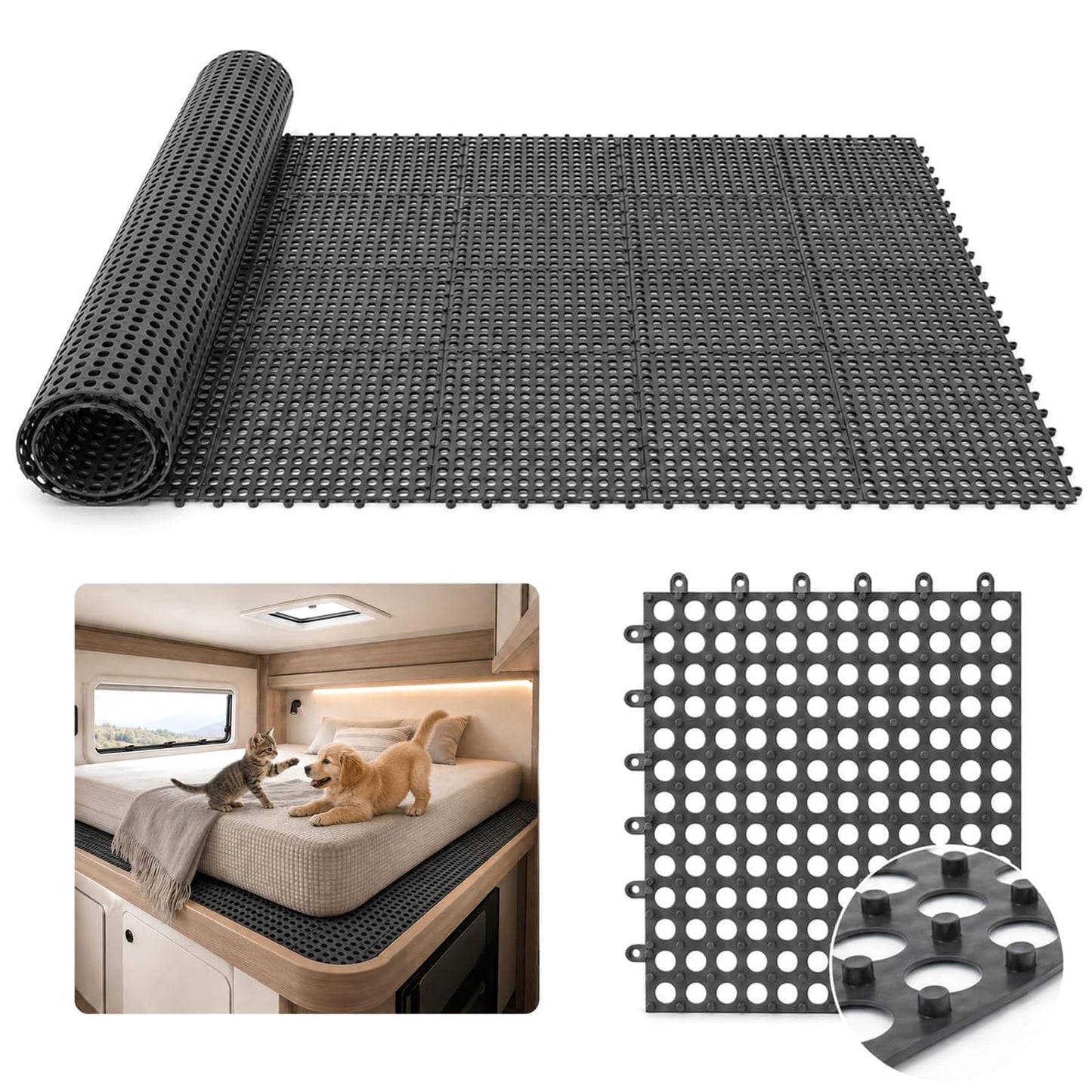 Plastic Ventilated Mattress Underlay Pad, 83" x 59" Breathable Mesh RV Under Mattress Ventilation Pad, Modular Interlocking Underlay for RV, Boat, Camper (Black)