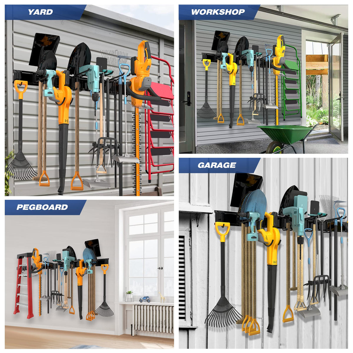 Sttoraboks Garage Wall Organizer, Heavy Duty Tool Hangers for Garage Wall with 8 Double Hooks & 3 Rails, Tool Organizer Wall Mount, Garage Hanging Storage Rack for Shovel, Rake, Broom and Ski Gear