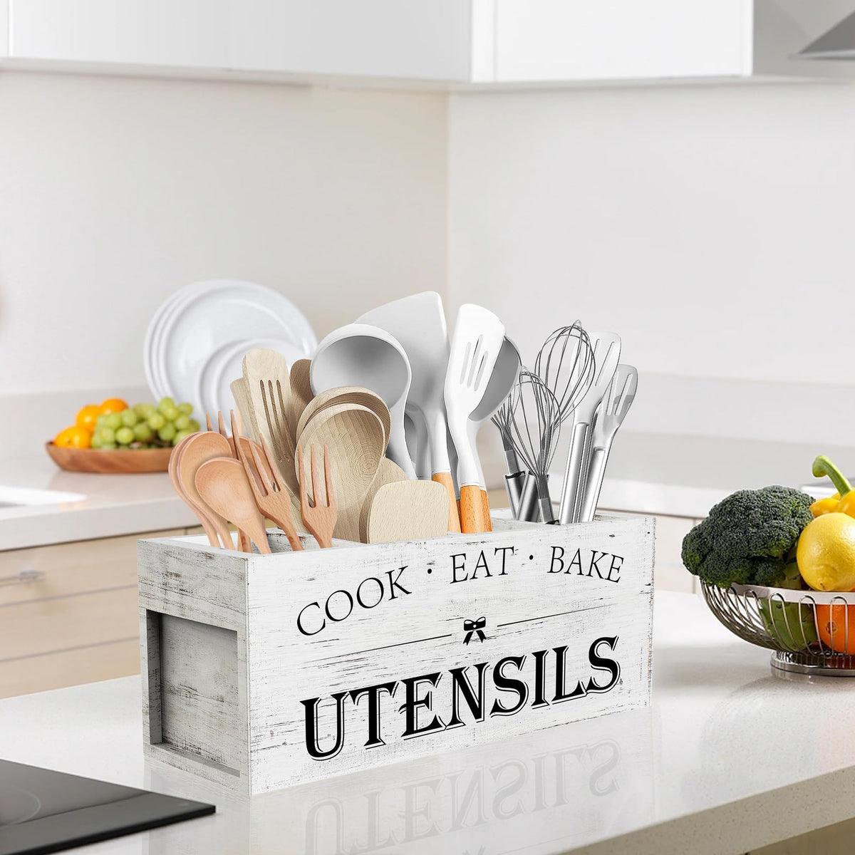 Suli Extra Large Kitchen Utensils Holder with 4 Compartments, Wooden Utensil Organizer for Kitchen Countertop, Farmhouse Decor, Rustic Cooking Utensil - White grain