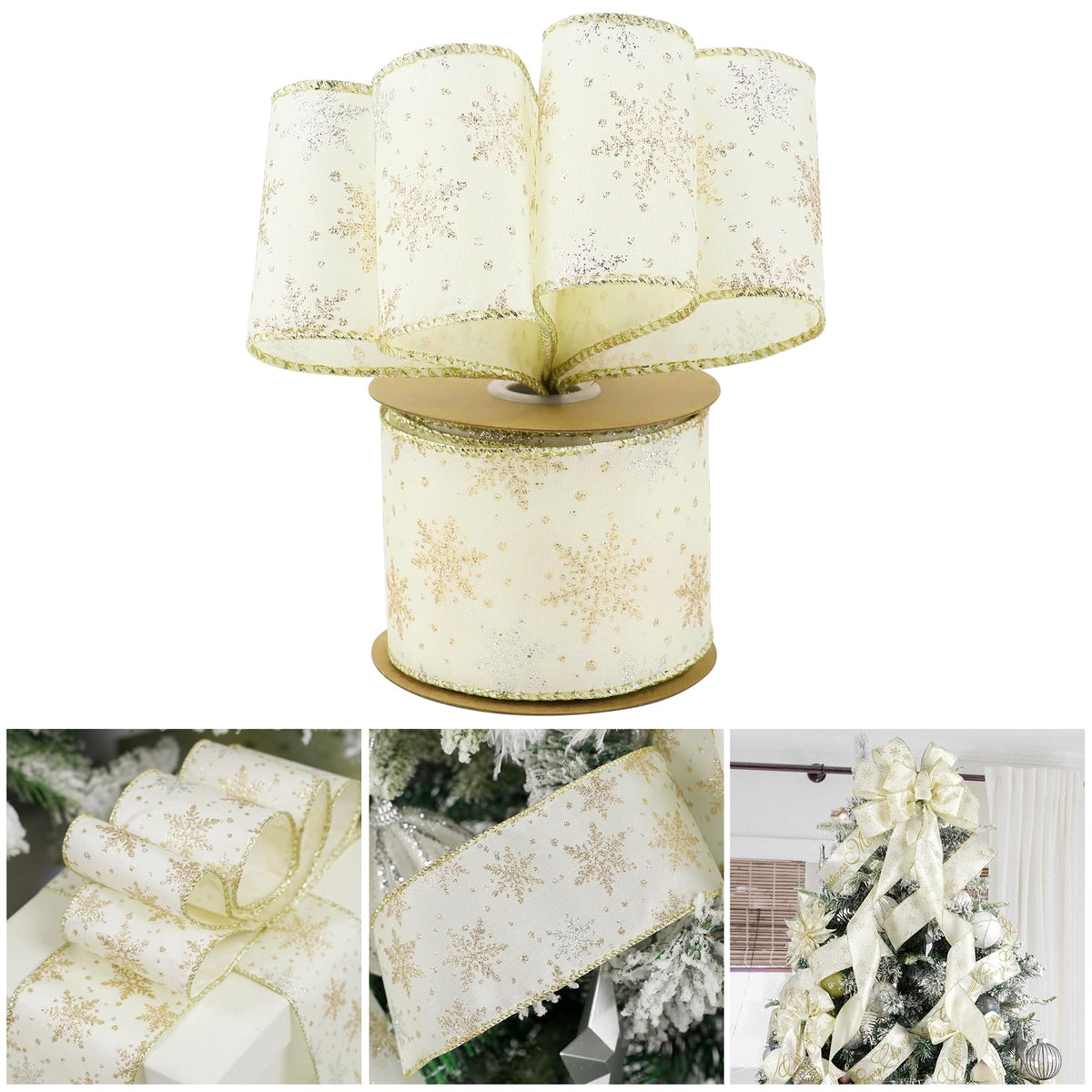 AIMUDI Ivory Snowflake Ribbon 2.5" Ivory and Gold Christmas Satin Wired Ribbon for Gift Wrapping Christmas Trees Wreaths Garlands Crafts Tree Topper Bows Home Decor- 10 Yards