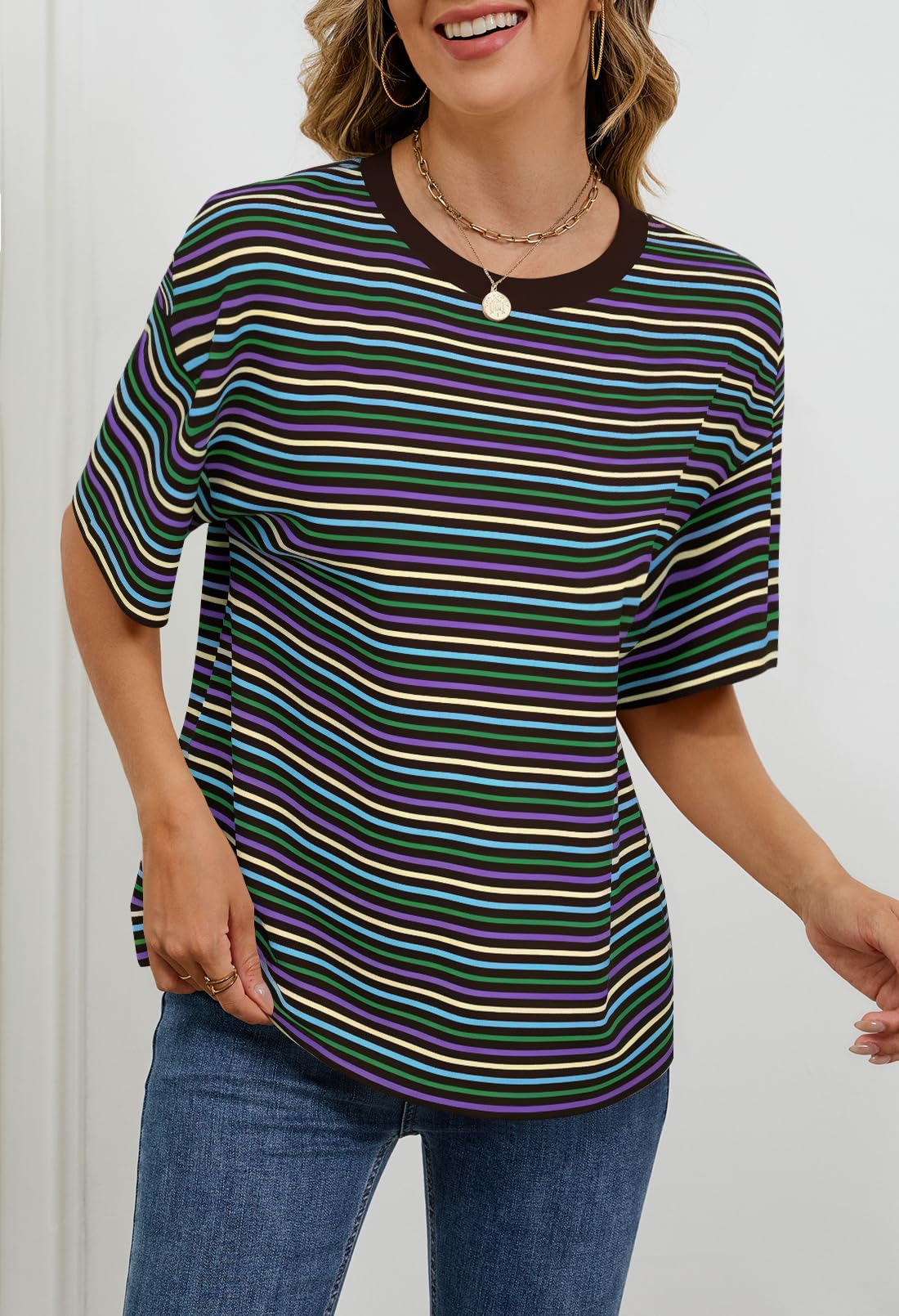 MEROKEETY Women's Summer Short Sleeve Shirt Casual Colourful Striped Crewneck Loose Tops Blouse, Black, Small