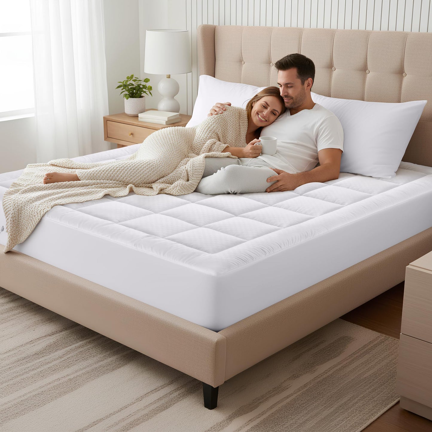OLANLY California King Quilted Fitted Mattress Pad, Elastic Fitted Mattress Topper, Cooling Soft Mattress Cover Stretches up to 21 Inches Deep, Machine Washable Mattress Protector (72x84 inch, White)