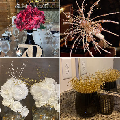 ZJJZGYXINTAI 60 Pieces Pearl Stick Stems Bouquets, 4mm Bead String Garland Beaded Spray Filler Floral Arrangements Tree Picks Wedding Party Decoration, Christmas Tree Picks (Gold)