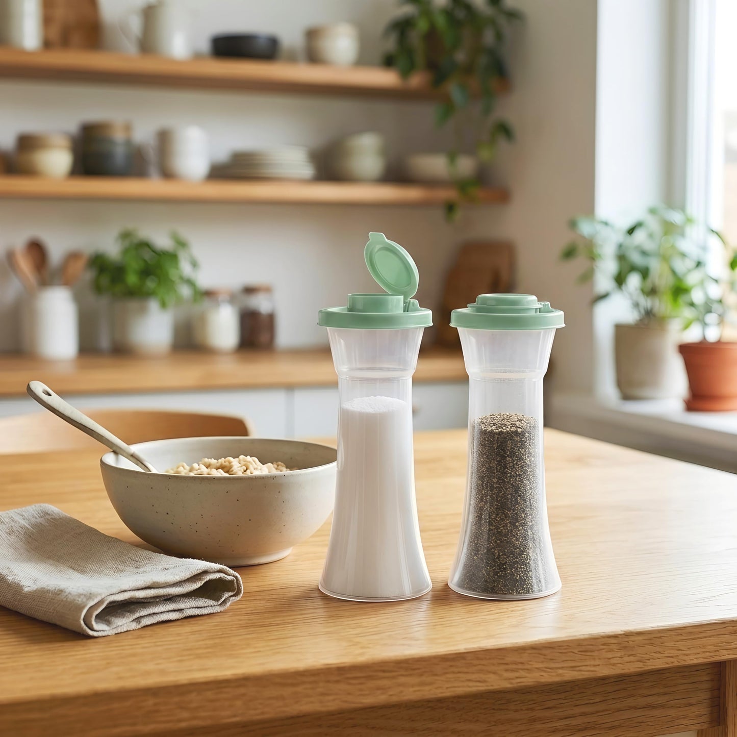 Tupperware Large Hourglass Salt and Pepper Shakers Clear Containers with Sage Green
