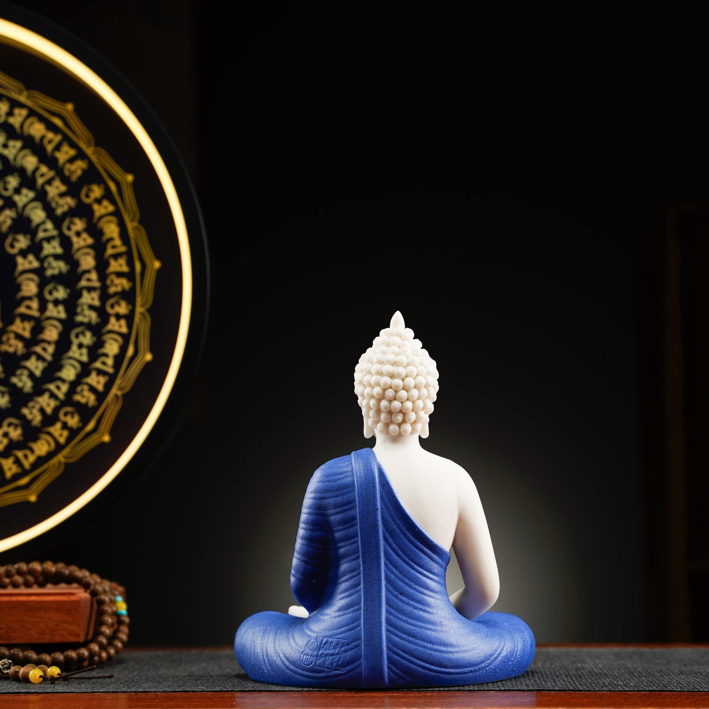 Houlu Blue Buddha Statue and Circle LED Table Lamp, Ceramic Buddha Statue for Home Décor