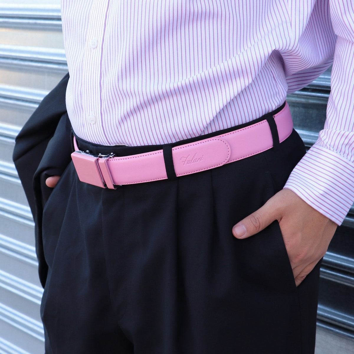 Falari Men's Genuine Leather Ratchet Dress Belt Automatic Sliding Buckle 8168-PNK-XL44